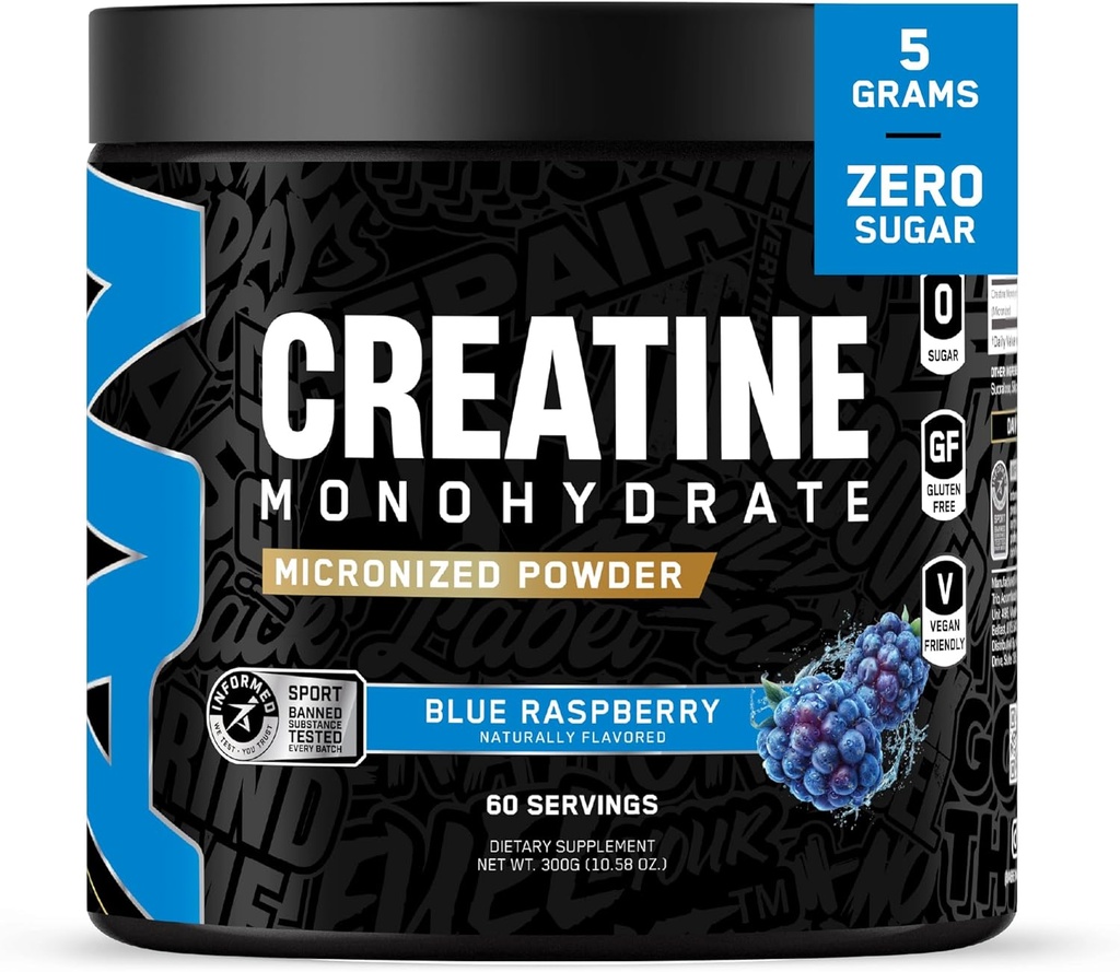 All Black Everything Kretine Monhidrat | 60 Servisler | Blue Razz | Mikronized Amino Asit Toz | Destek Kaslar | Hücreler Enerji | Bilişsel Fonksiyonl | Gluten-Free ve Keto Friendly