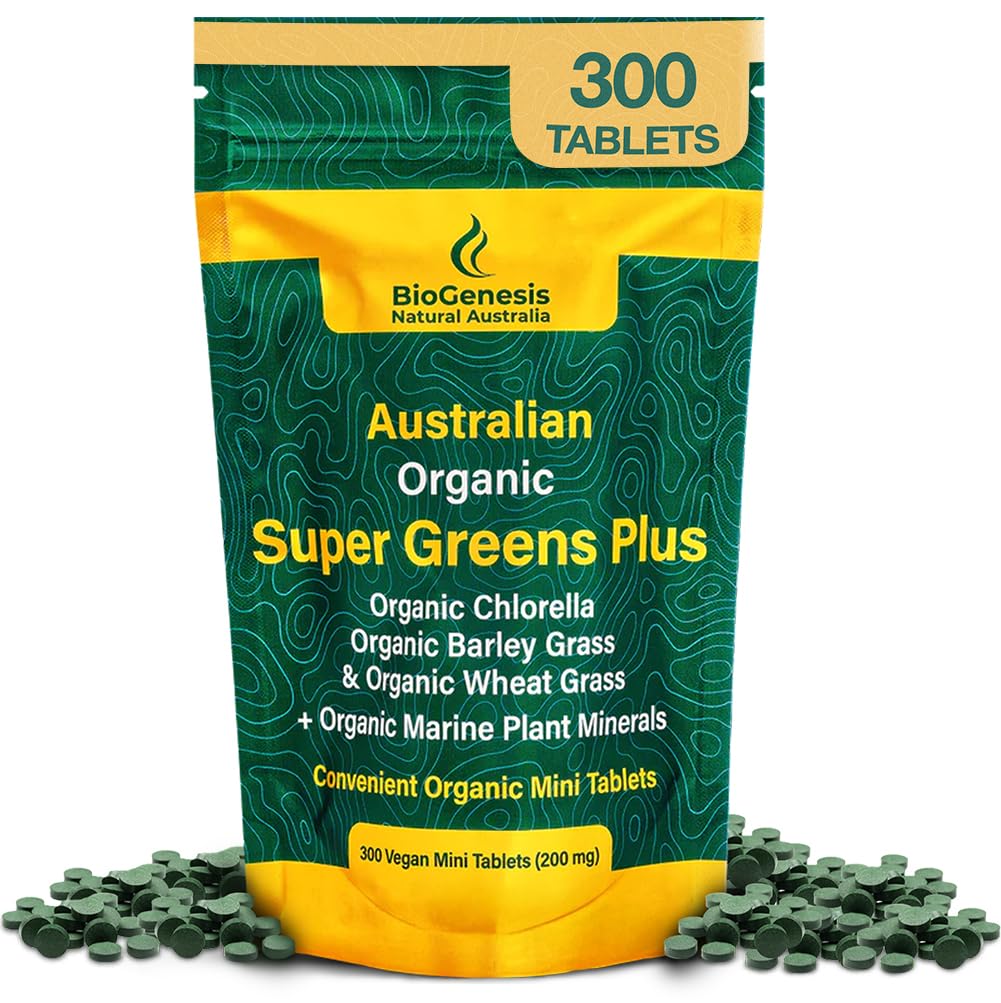 Biogenesis SuperGreens Plus Tabletleri - 300 Kont (200 mg) | Unflavored | Organik Klorella, Buğdaygras & Barley Grass | Avustralya Grown | Supports Energy & Immunity | Vegan Mini Talets