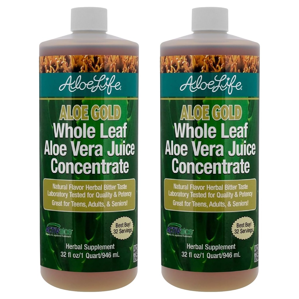 Aloe Life - Whole Leaf Aloe Vera Juice, Organic, Gluten-Free (Aloe Gold, 32 oz) | 2Pack