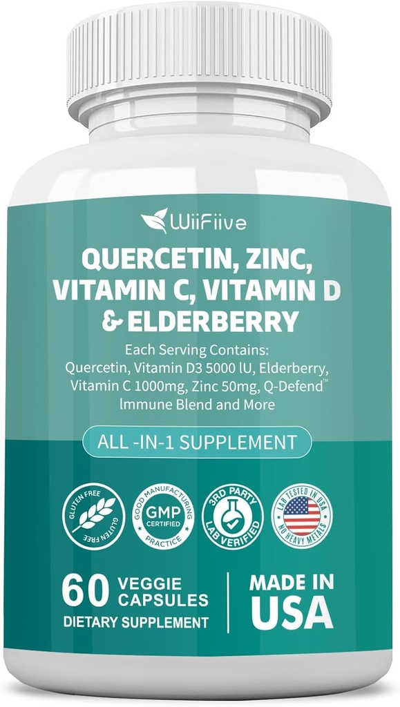 60 Count Quercetin 50 mg Ψευδάργυρος 1000 mg Βιταμίνη C 5000 IU Βιταμίνη D3 1000 mg Turmeric 1000 mg Elderberry με Q- Defend Immune Blend Reisshi Nettle Arteemisinin, Non- GMO, Free Supports Health