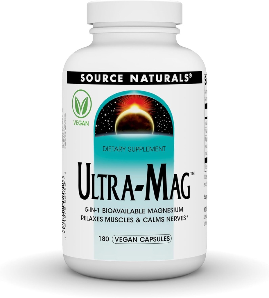 Source Naturals Ultra-Mag, Vegan Diyetary Supplement, 5-in1 Bio kullanılabilir, Magnezyum Relaxes Kass & Calms Nerves*, Vegan Capsules (180)