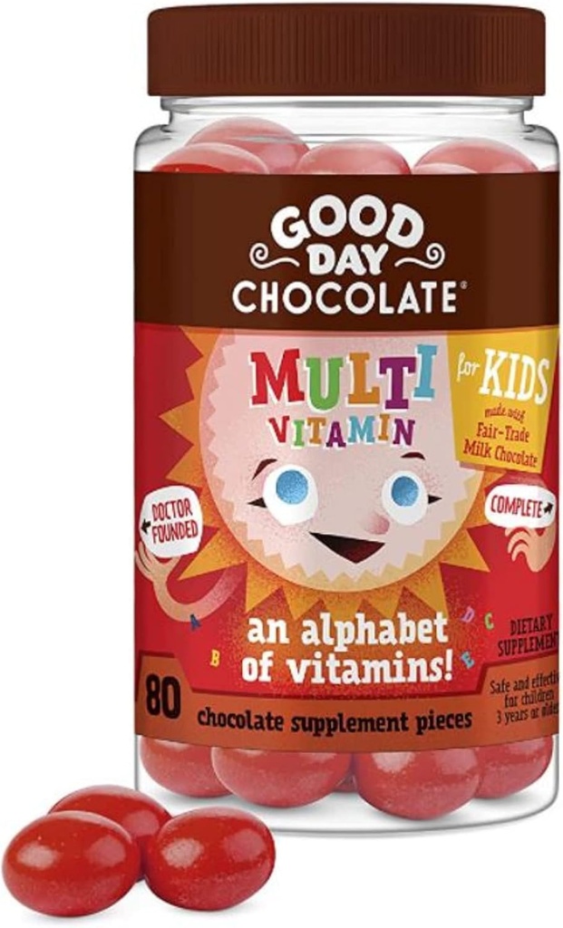 Good Day Chocolate Complete Multivitamin for Kids, Daily Supplement of Vitamins A, B6, B12, C, D, E, Folate and Biotin, 2g of Sugar, Fair Trade and Non-GMO Chocolate, 80 Pieces