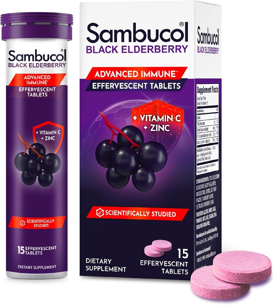 Sambucol Black Elderberry Αναβράζοντα δισκία - Elderberry με ψευδάργυρο και βιταμίνη C για ενήλικες, Elderberry Dissolving Tablets, μούρα - 15 Count