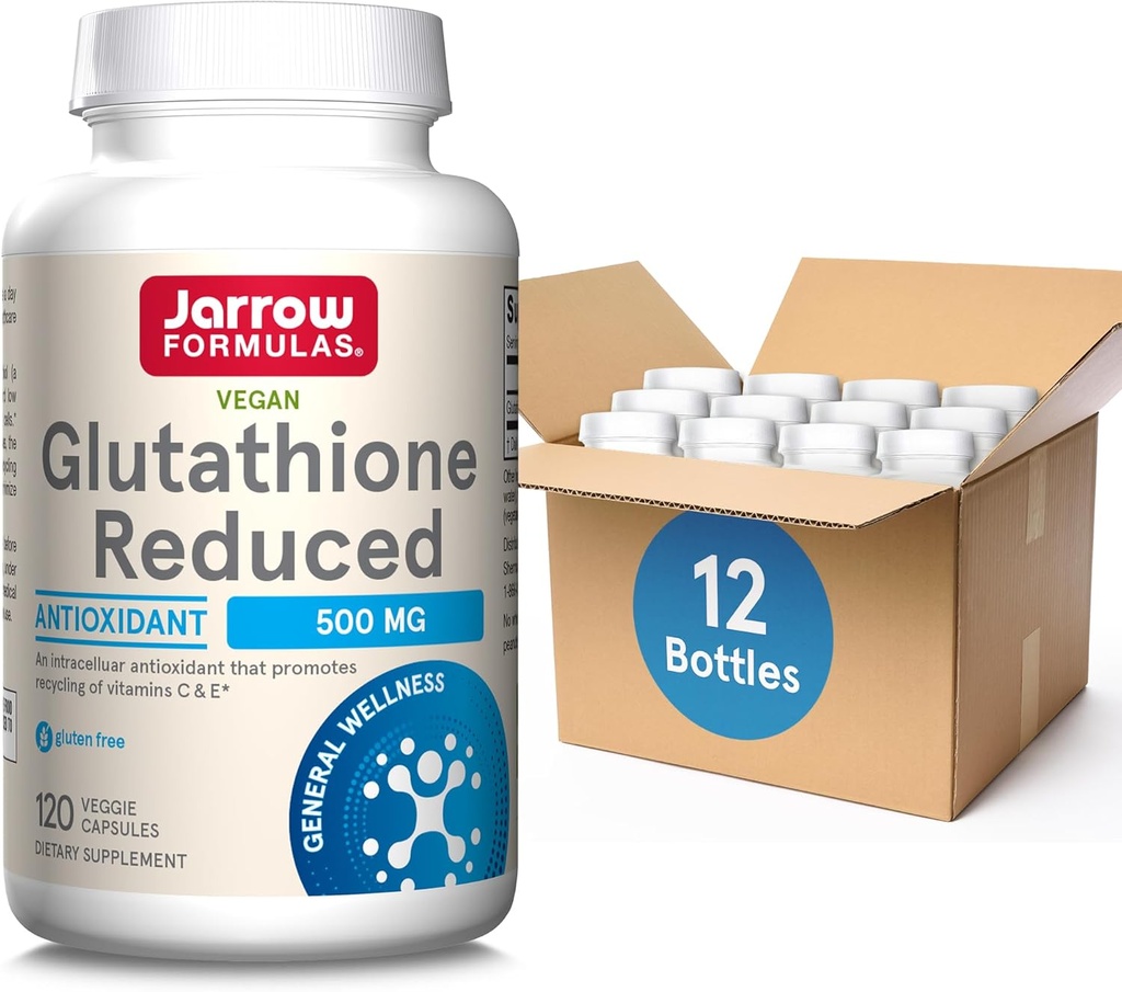Jarrow Formulas Glutathione 500 mg- 120 Veggie Capsules- Intracellular Antioksi- Quality Glutathione Supplements- Supports Return of Vitamins C & E- Non-GMO- Gluten Free- Vegan, 12 Packs