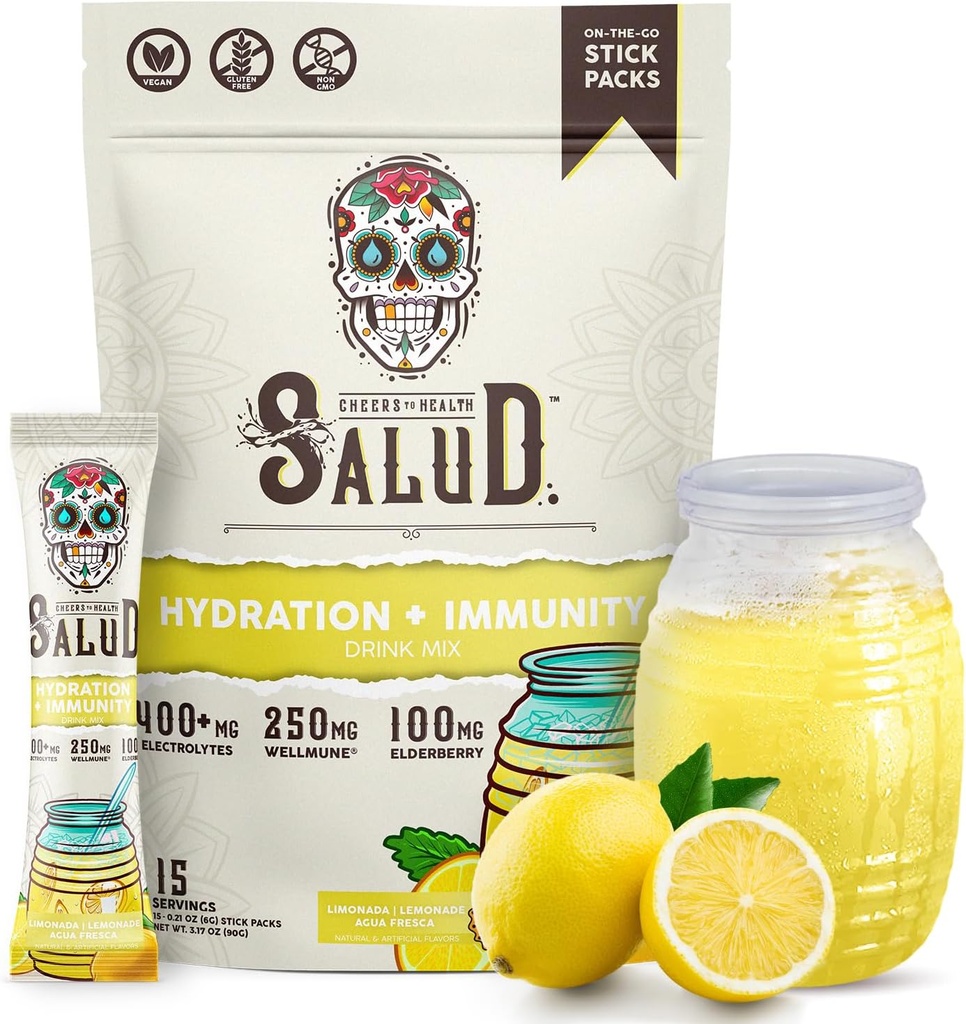 Salud 2-in-1 Hydration Packets + Ανοσία Ηλεκτρολυτές σκόνη, Λεμονάδα - Agua Fresca Drink Mix, Elderberry, Γαλακτοκομικά & Σόγια Χωρίς Γλουτένη, Vegan, Χαμηλή θερμίδα, 1g Ζάχαρη (15 Σερβιέτες)