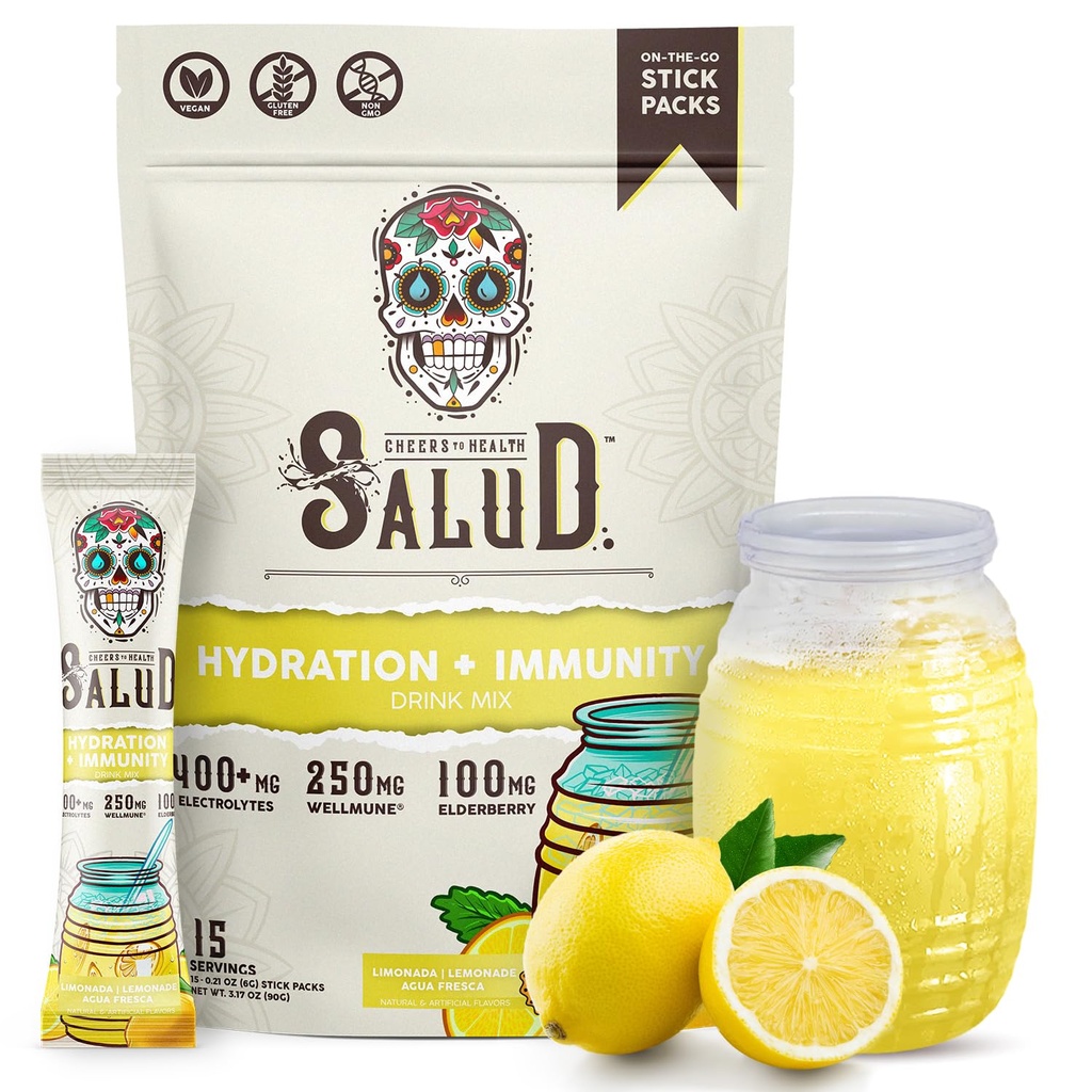 Salud 2-in-1 Hydration Packets + Immunity Electrolytes Powder, Lemonade - Agua Fresca Drink Mix, Elderberry, Dairy & Soy Free, Non-GMO, Gluten Free, Vegan, Low Calorie, 1g Sugar (15 Servings)