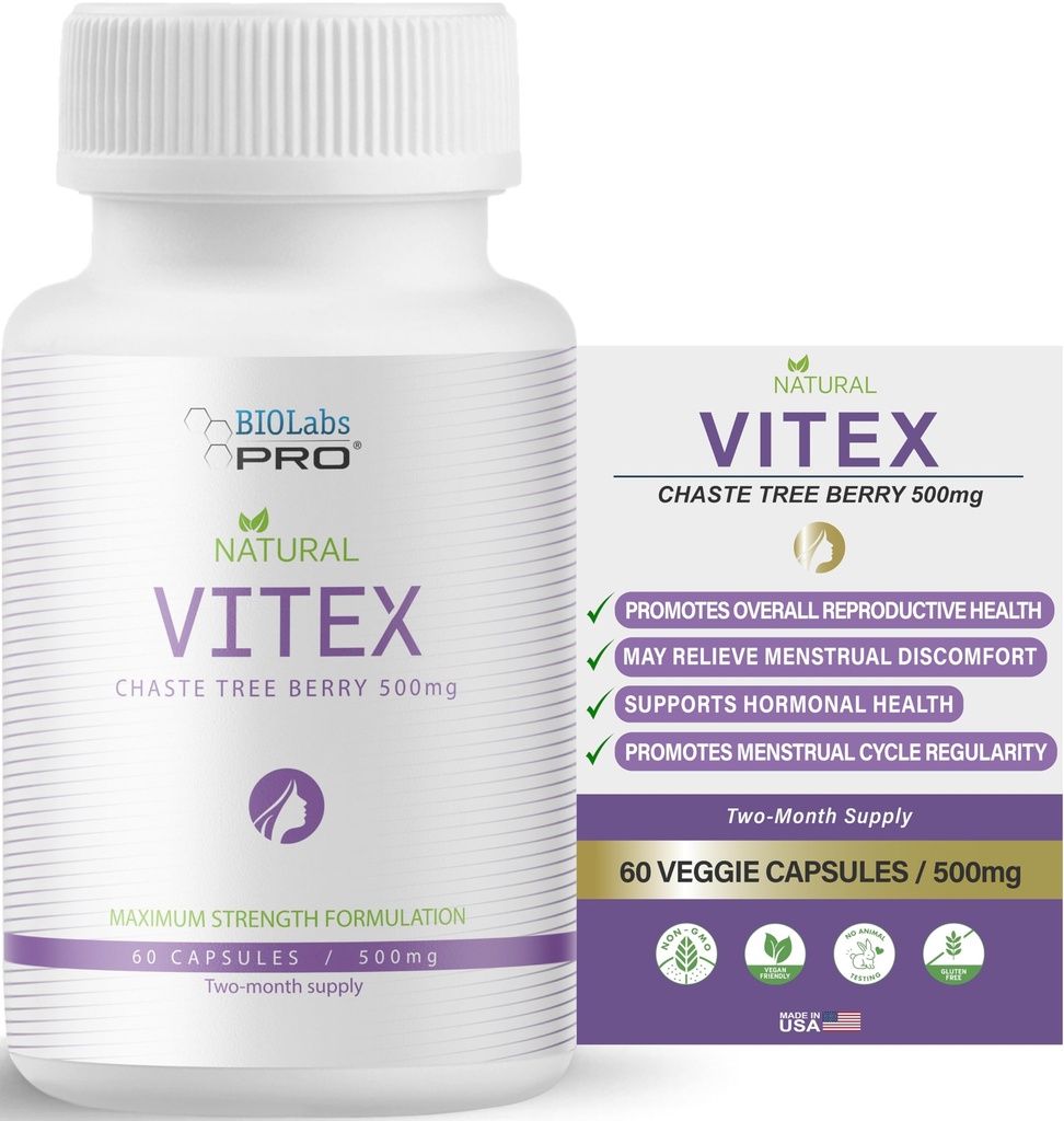 BIOLABS PRO Natural Vitex Chasteberry Supplement for Women - Pure Chaste Tree Berry Extract 500mg, Maximum Strength Formulation, Vegan Capsules, Supports Hormonal Balance - (60 Caps - 2-Month Supply)