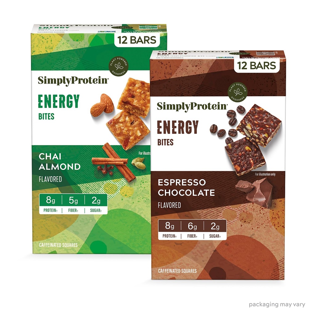 Basitçe protein - Enerji Bites Çeşitli Paketi, 24 Bars - Bitki bazlı Caffeinated Squares - 55 mg Caffeine - Enerji Boost - 8g Protein, 2g Sugar, 5-6g Fiber, 120-130 Calories - Vegan, Gluten Free, Non GMO