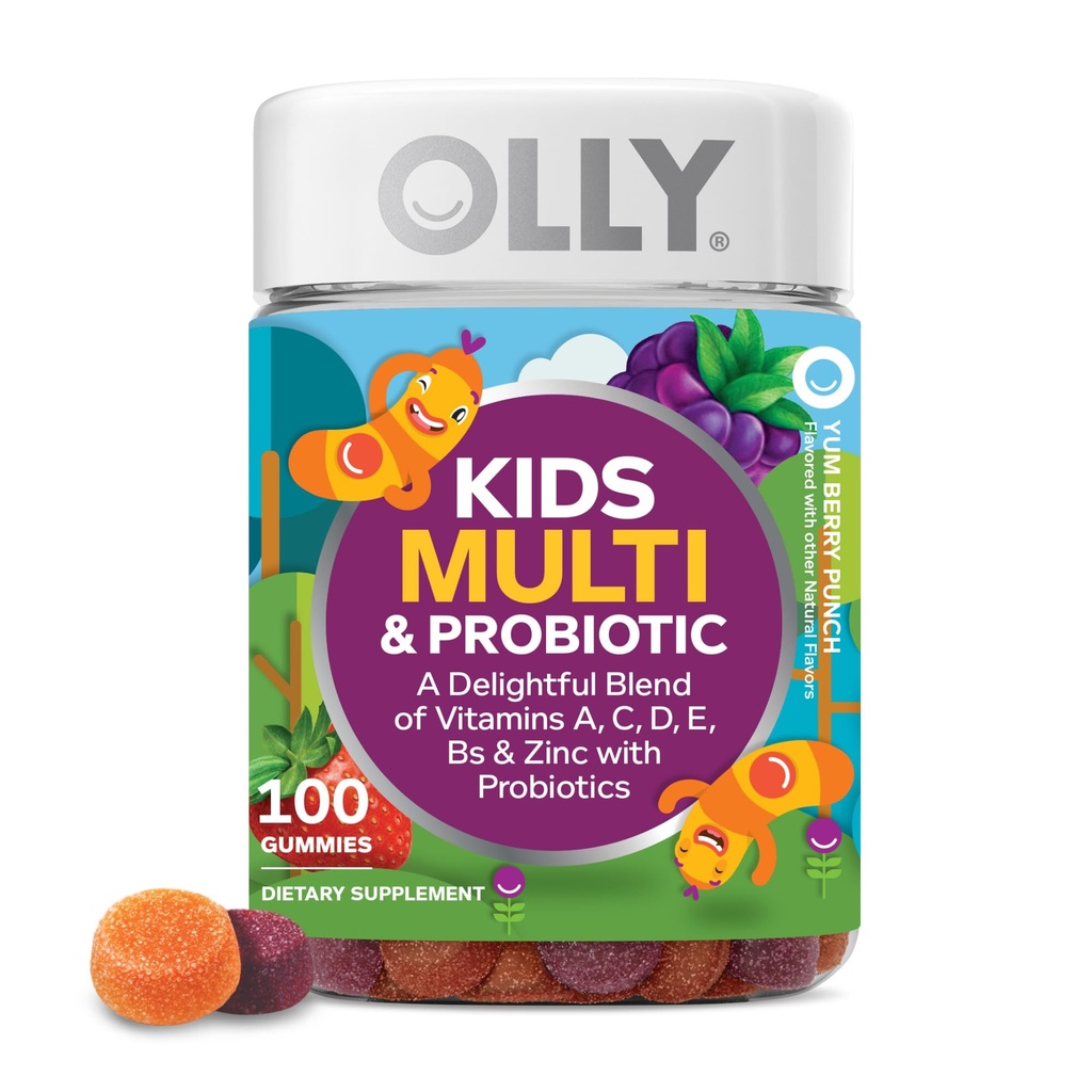 OLLY παιδιά πολυβιταμίνη & προβιοτική Gummy, Digestive υποστήριξη, Βιταμίνες A, D, C, E, B, ψευδάργυρος, Chewable συμπλήρωμα, Berry Γεύση, 50 ημέρες προσφοράς - 100 μέτρα