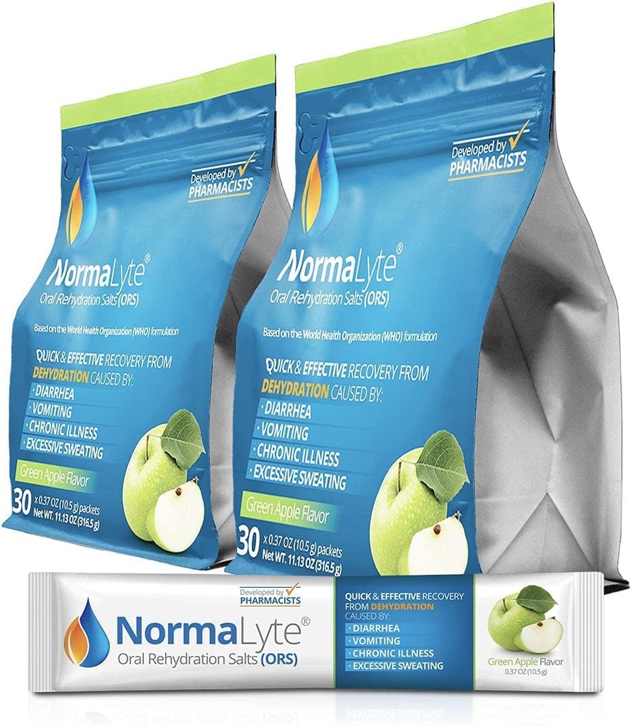 NormaLyte Oral Rehidrasyon Salts-2 Pouches - 60 Sticks (Yields 500mL per Pack)- Apple / Energy Supplements, P properties Supplement, Dehidr Recovery ve Hızlı Aborpsiyon