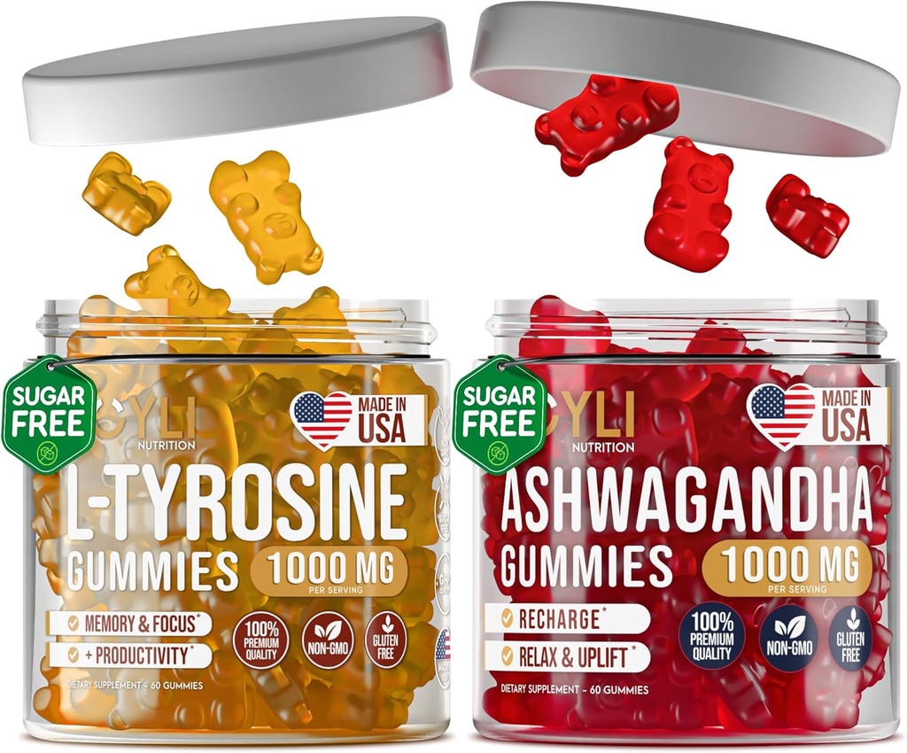 L-Tyrosine Gummies + Ashwagandha Gummies - L Tyrosine Supplement ve Ashwaganda Supplements Sche - Ashwaganda, L-Tyrosine for Kids & Yetişkinler - 60 L-Tyrosine Focus Gummies