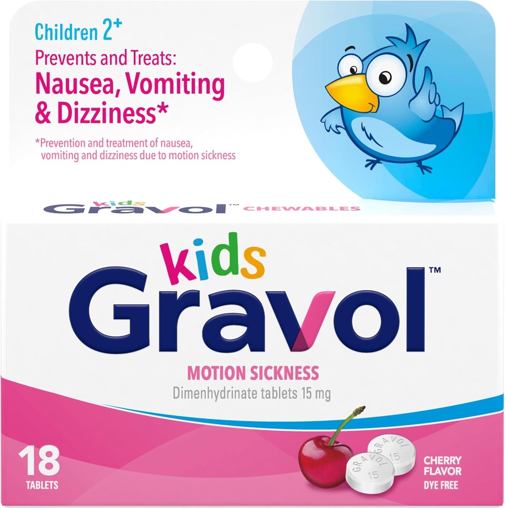 Gravol Kids Chewable Tablets for Nausea, Upset Stomach and Motion Sickness Relief, Dye Free, Cherry Flavor, Ηλικία 2 έως 12, 18ct