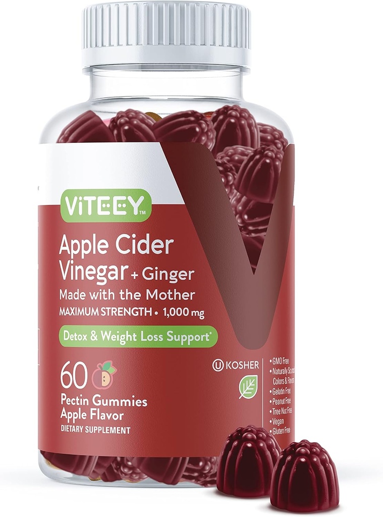Viteey Apple Cider Vinegar Gummies and Ginger – 1000 mg ACV Gummies για απώλεια βάρους, Detox and Digestion – Vegan, Χωρίς γλουτένη – 60 Count