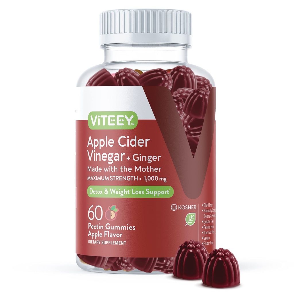 Viteey Apple Cider Vinegar Gummies ve Ginger – 1000 mg ACV Gummies for Kilo Kaybı, Detox ve Digestion – Vegan, Gluten-Free – 60 Count
