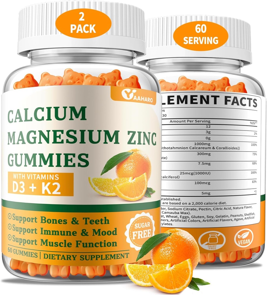 (2 Pack) Ασβέστιο Μαγνήσιο Ψευδάργυρος Gummies με βιταμίνη D3 & K2 - Ζάχαρη Χωρίς Ασβέστιο Gummies για γυναίκες και άνδρες - Οστέινο & Ανοσοποιητικό Υποστήριξη - Μη ΓΤΟ, Χωρίς Γλουτένη, Πορτοκαλί Γεύση - 120 Count