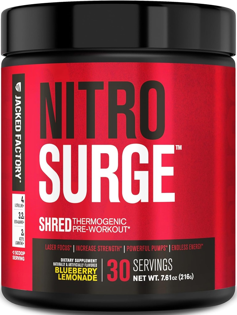 Jacked Factory NITROSURGE, İşi Tamamladı - Enerji Uyarısı, Anında Güç Kazanları, Sharp Focus, Güçlü Pumps - Nitric Hoffman & PreWorkout Toz - 30Sv, Blueberry Lemonade