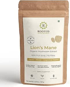 ROOTED Active's Lions Mane Mushroom Extract Toz USDA Organik,% 38 oyulmuş Beta Glucans / Cognition, Clarity, Focus & Mood, Brain Health Support (4.23 Ounce)