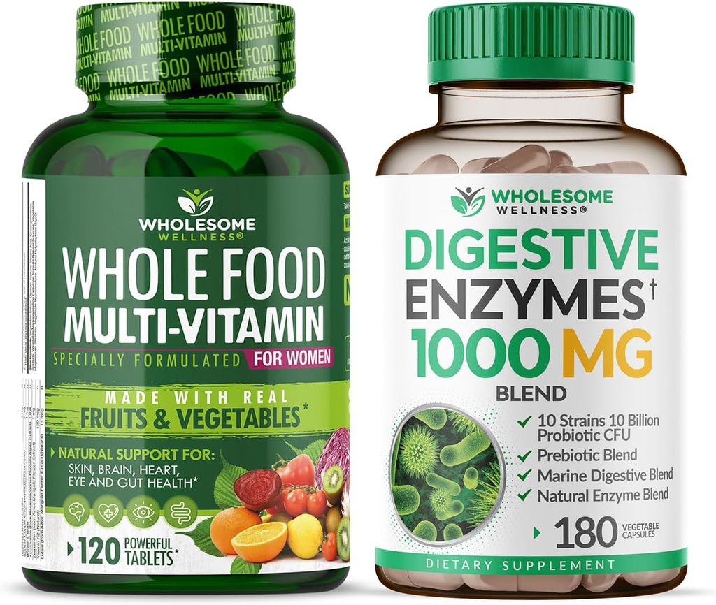 Ολόκληρη Wellness Πολυβιταμίνη τροφίμων για τις γυναίκες - Φυσικές πολλαπλές βιταμίνες, ορυκτά, οργανικά εκχυλίσματα Digestive Enzymes 1000MG Bundle