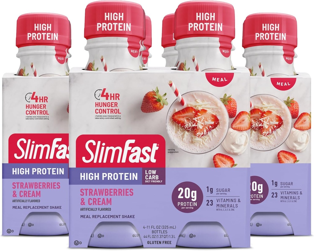 SlimFast Advanced Nutrition Meal Replacement Protein Shake - Έτοιμη για ποτό, Pink, Φράουλες & Κρέμα, 4 Μπουκάλια (Pack of 3)