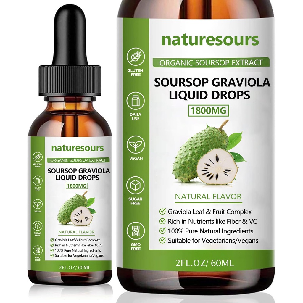 Doğalar% 100 Saf Organik Soursop Ekstraksiyon, Soursop Graviola Liquid Drops 1800MG, Organik Pure Soursop Leave and Fruit Extract, Sugar/Gluten Free, 2 FL.OZ (1)