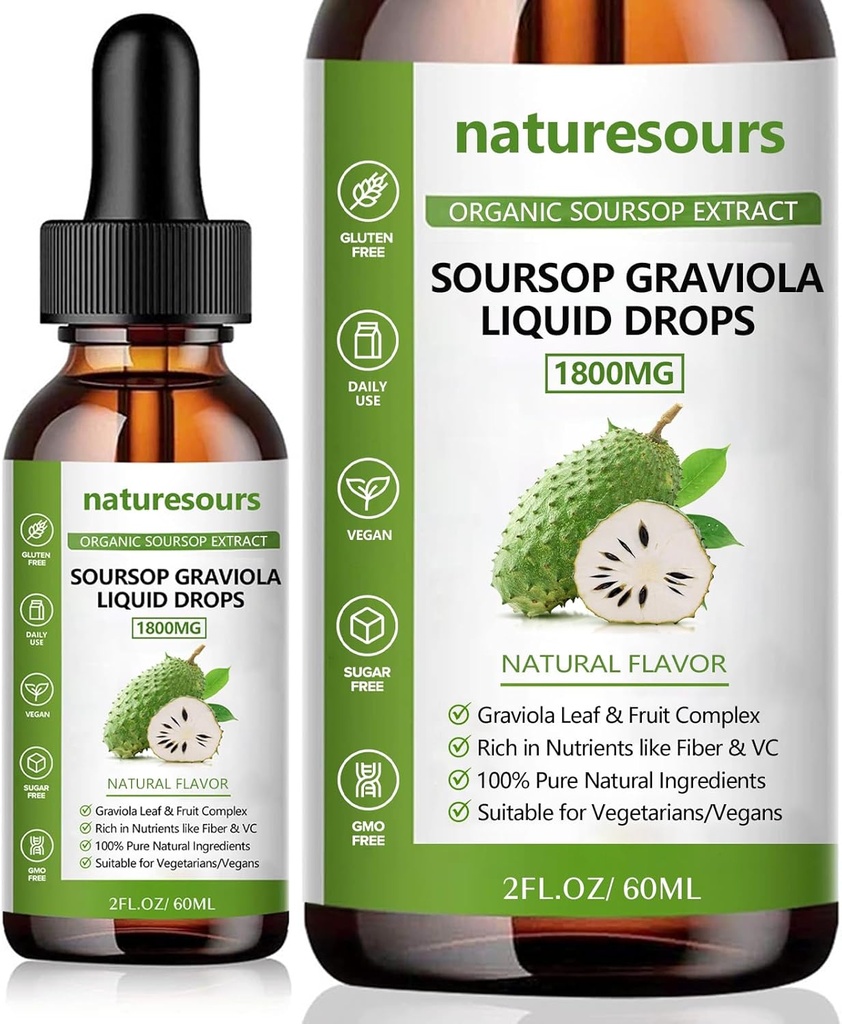 Doğalar% 100 Saf Organik Soursop Ekstraksiyon, Soursop Graviola Liquid Drops 1800MG, Organik Pure Soursop Leave and Fruit Extract, Sugar/Gluten Free, 2 FL.OZ (1)