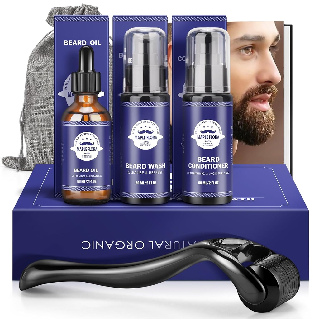 Ayıd Hediye Kit - Oil,Wash,Conditioner, Roller (Needle Length: 0.25mm) for Beard, Storage Bag,Mustache Hediyeleri Boyfriend Koca Babalar için Setler