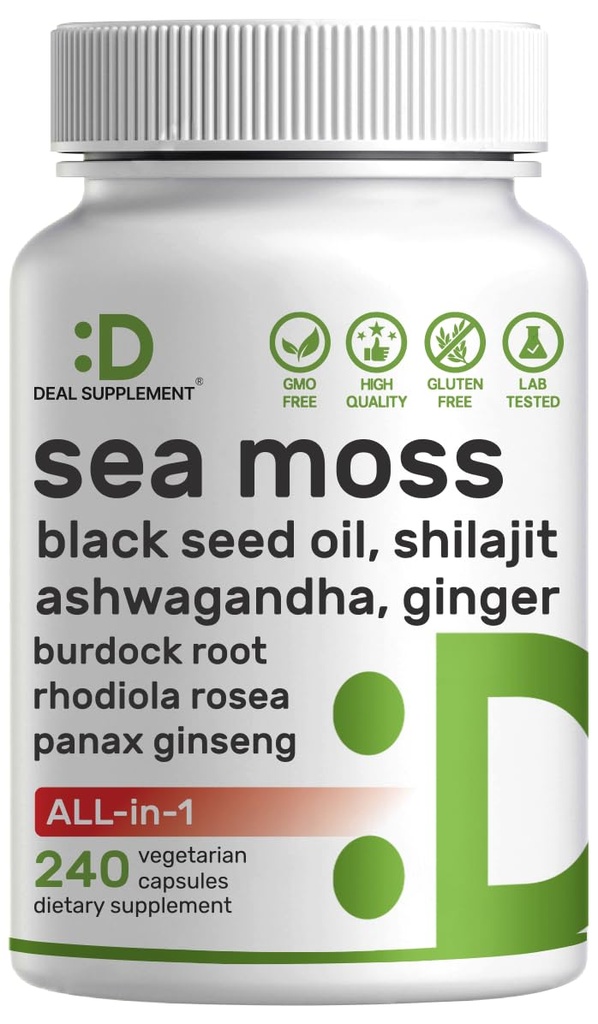 DEAL ΣΥΜΠΛΗΡΩΜΑ Irish Sea Moss 7000mg ανά υπηρεσία, 240 κάψουλες Veggie – 14 Superfood Complex – 3000mg Black Seed Oil, 2000mg Ashwagandha, 600mg Ginger