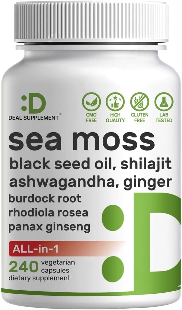 DEAL SUPPLEMENT Irish Sea Moss 7000mg Per Servis, 240 Veggie Capsules – 14 Superfood Kompleksi – 3000 mg Black Seed Oil, 2000 mg Ashwagandha, 600 mg Ginger Ginger Ginger