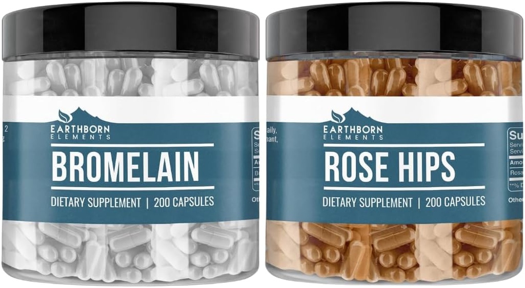 Earthborn Elements Rose HIPS & Bromelain Capsule Bundle (200 Capsules Each), Pure & Undiluted, No Additives