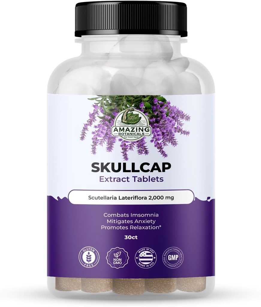 Şaşırtıcı Botanikler Skullcap 10X Ekstra Tabletler 2,000 mg - Yüksek Potency Herbal Supplement for Relaxation and Wellness - 30 Tabletler