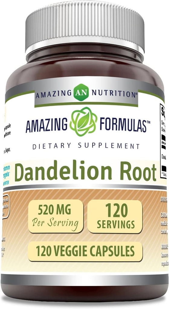 Amazing Formulas Dandelion Root (Taraxacum Officinale) Tamam | 520 Mg Per | 120 Veggie Capsules | Non-GMO | Gluten-Free | Made in USA