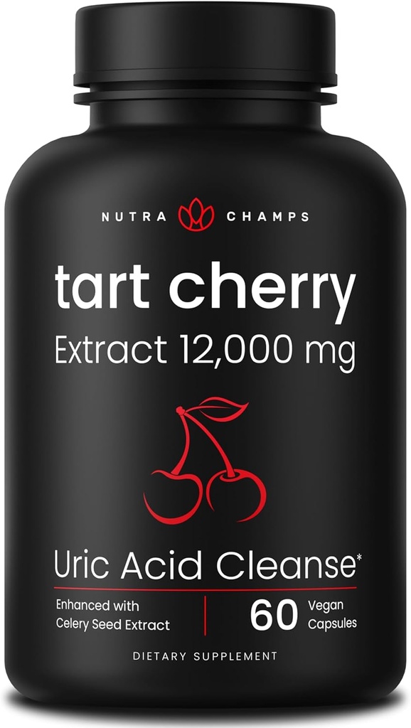 Organik Tart Cherry Extract Capsules 12 mg - Montmorency Tart Cherry Industries, Celery Seed & Bilberry - Uric Acid Cleanse & Ortak Destek - Vegan Capsules