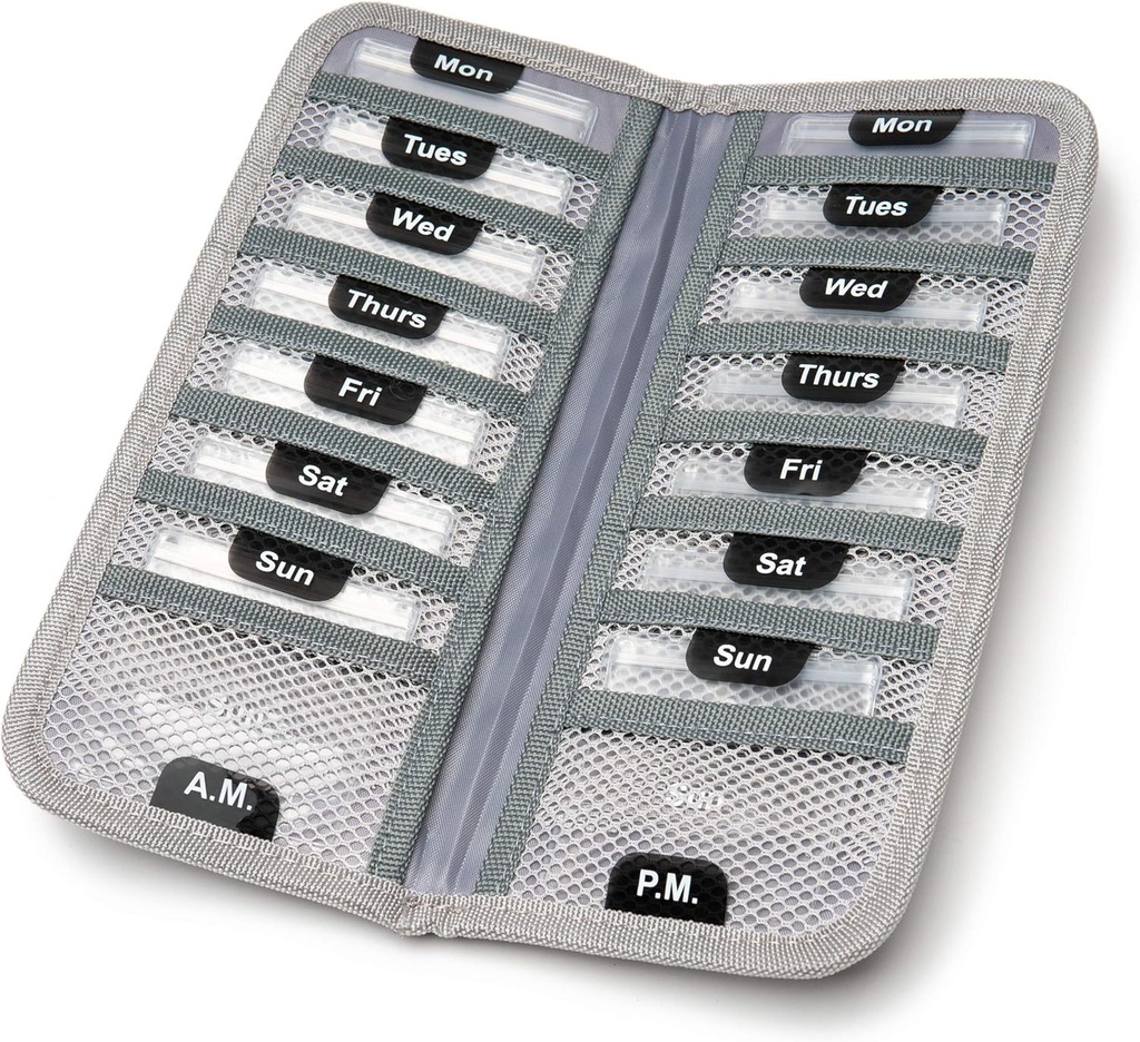 AM/PM Bi-Folding Pill Organizer + Συμπληρωματική περίπτωση για την εξωχρηματιστηριακή ιατρική, Συνταγή + Βιταμίνες - 14 Ετικέτες Δευτέρα-Κυριακή Slide Lock Pouches, Grey Travel Pill Υπόθεση
