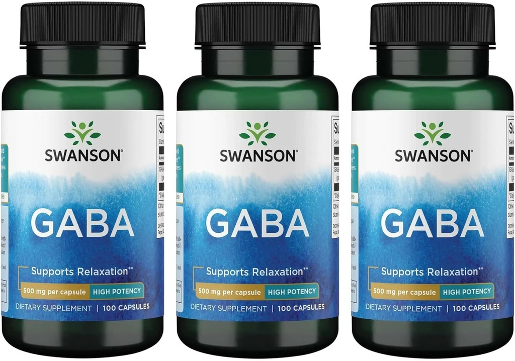 Swanson GABA - Amino Asit Supplement Sakin Uykuyu Desteklemek için Calm & Rahatlama - Sağlıklı Stres Seviyelerini Desteklemek için Yüksek Potency Formula - (100 Capsules, 500 mg each) (3 Pack)