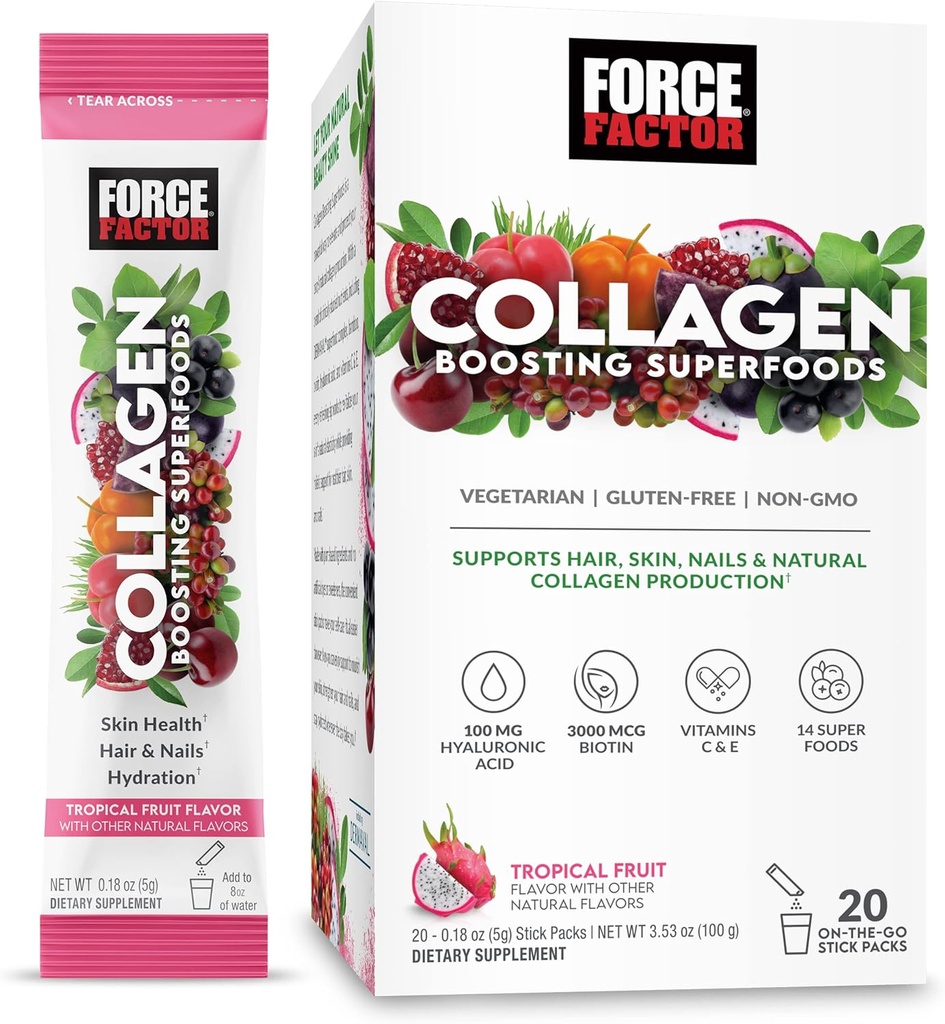 Power Factor Collagen, Biotin, Hyaluronic Acid, Wine ve Saç, Skin ve Nails Vitaminleri, Nail Güçlendirici ve Skin Supplement, Tropikal Meyve Flavor, 20 Stick Packs