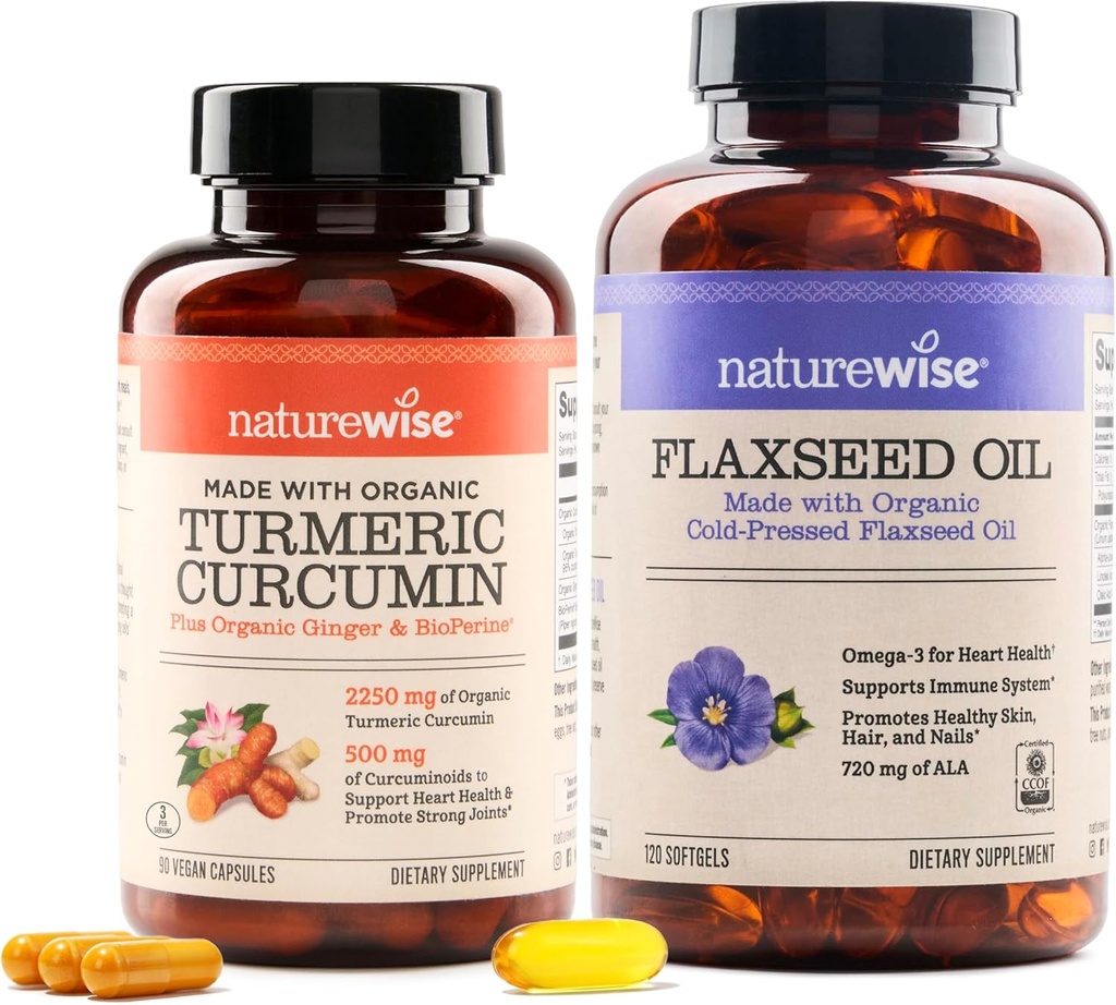 NatureWise Κουρκουμίνη Turmeric 2250mg & έλαιο λιναρόσπορου 1200mg Ωμέγα 3 6 9 Softgels για την κοινή, καρδιά & ανοσοποιητική υποστήριξη [1 & 2 Μήνα Προσφορά]