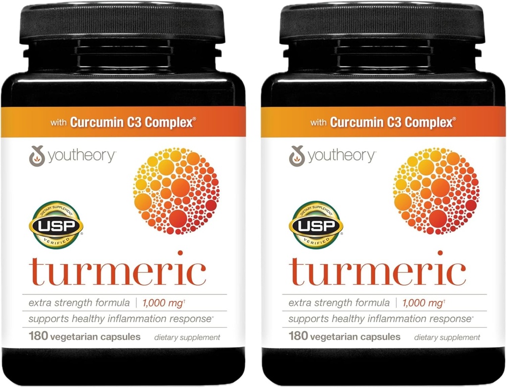 Youtheory Turmeric Extra Strength - 1.000 mg - Destekler Kas & Ortak Sağlık* - Contains Bioenhancers, Curcuminoids & Herbal Türleri - USP TY - 180 Vegetarian Capsules, 2 Pack (180-Day Supply)