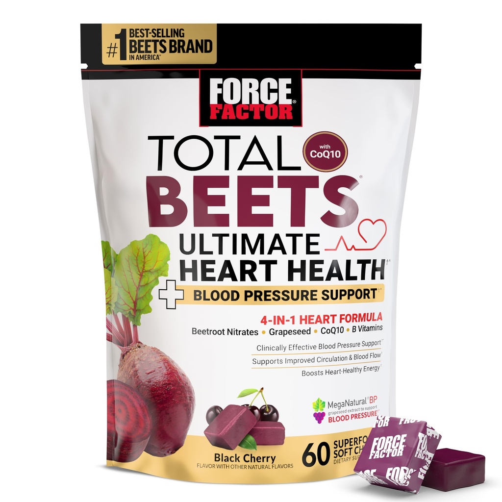 FORCE FACTOR Total Beets Ultimate Heart Health Chews for Blood Printing Support, Beetroot Toz, CoQ10, B Vitamins & Grapeseed Extract for Blood Flow & Energy, Black Cherry, 60 Soft Chews