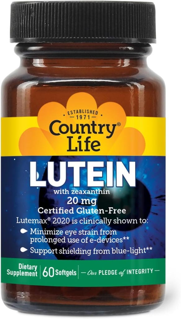 Country Life Lutein 20 mg - Certified Gluten-Free - Υποστήριξη για την υγεία των ματιών με Lutein και Zeaxanthin - Μειώνει το στέλεχος ματιών από τις οθόνες - Όχι μαγιά, καλαμπόκι, σιτάρι, γάλα - 60 Softgels