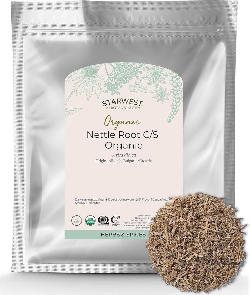 Starwest Botanicals Nettle Root Organic - Kuru Sting Nettle Root, Loose Leaf Herb for Tea, Soups, Stews, & Broths, Urtica Dioica, Cut & Sifted, sertifikalı Kosher, Non-GMO - Bulk 1 lb Bag