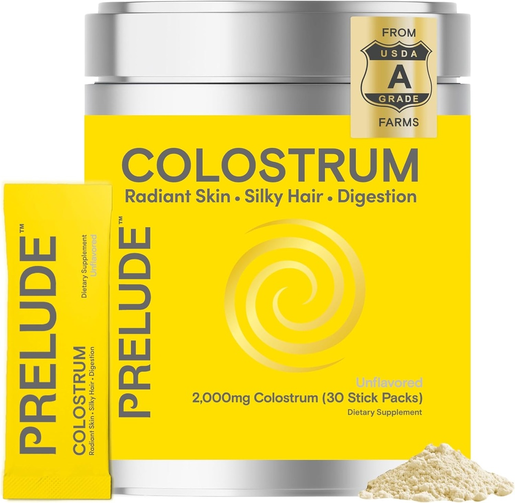 Prelude Bovine Colostrum Supplement - ABD'de Colostrum Toz Sticks for Gut Health, Immunity & General Wellness - Colostrum Aids Hair, Skin & Digestive Health for Women & Men - Made in USA