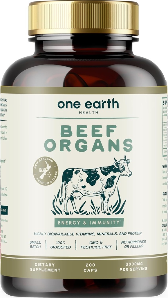 One Earth Health New Zealand 100% Grass Fed Beef Organs – (200 Count, 3.000mg Serving) Ήπαρ, καρδιά, νεφρό, πάγκρεας, συμπλήρωμα σπλήνας. Συγκρότημα κρέατος οργάνων από τη Νέα Ζηλανδία