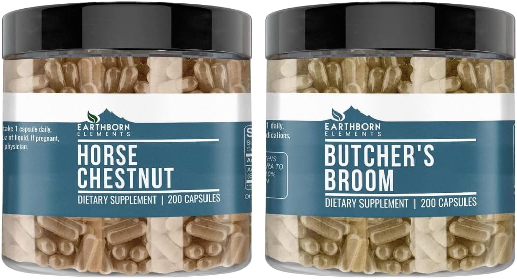 Earthborn Elements Horse Chestnut and Butcher's Broom Bundle, 200 Κάψουλες Κάθε, Καθαρό & Αδιάλυτο, Χωρίς Πρόσθετα