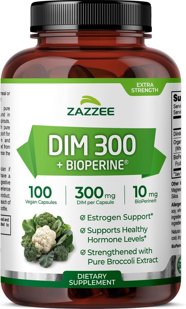 Zazzee DIM 300 mg ανά κάψουλα, 100 Count, Plus 10 mg BioPerine, Ισορροπία οιστρογόνων, Ορμονική Ακμή, Υποστήριξη εμμηνόπαυσης, Ορμονική Ισορροπία, Diindolylmethane, Vegan, Όλα-Φυσικά, Μη-ΓΤΟ, Κατασκευασμένο στις ΗΠΑ