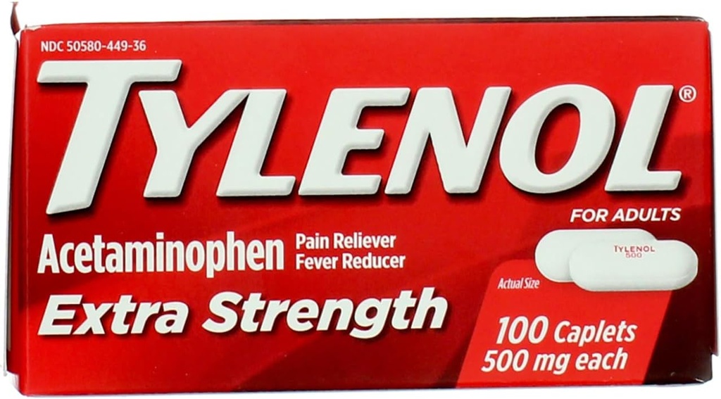 Tylenol Ekstra Kuvvetli Caplets with 500 mg Acetaminophen, Pain Reliever & Ateşleme, 100 ctt