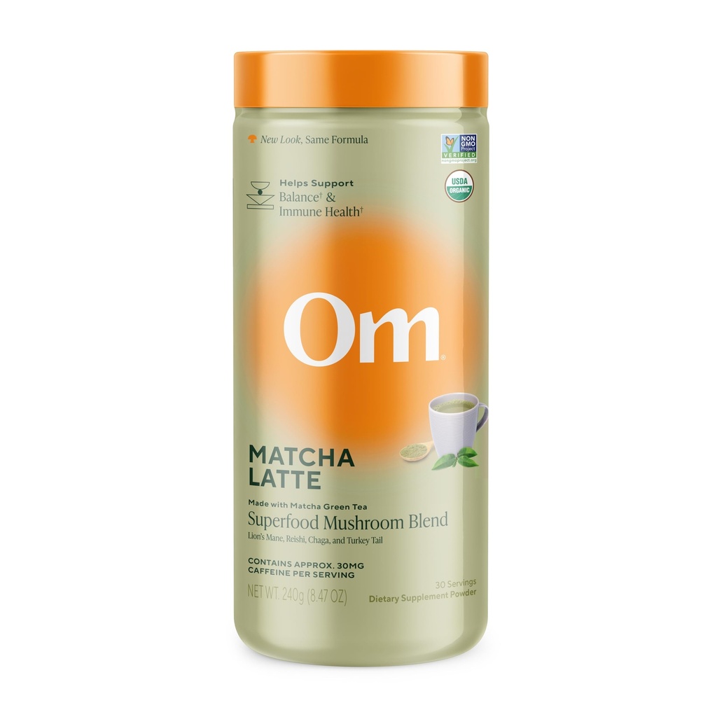 Om Mushroom Superfood Matcha Latte Mix - Green Tea Mushroom Toz Aslan'ın Mane, Reishi, Chaga & Türkiye Tail – Focus, Calm & Stres Desteği – 8.47 oz Canister (30 hizmet)