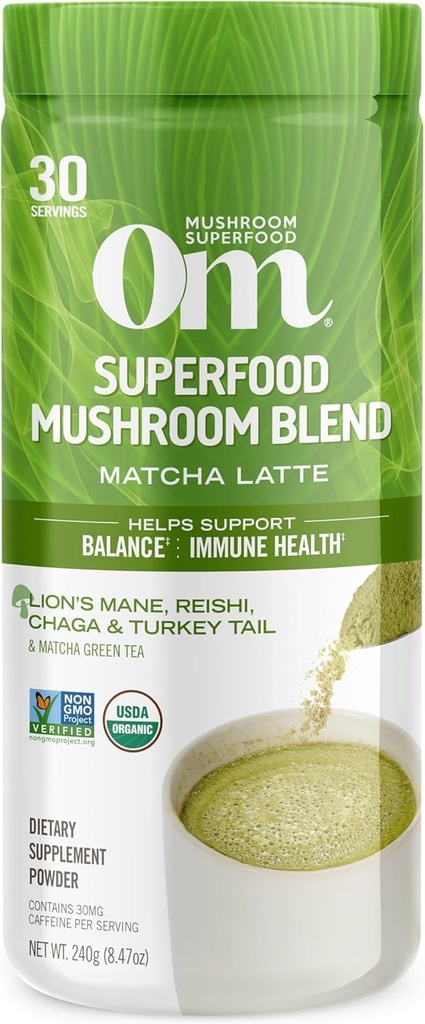Om Mushroom Superfood Matcha Latte Mix - Green Tea Mushroom Toz Aslan'ın Mane, Reishi, Chaga & Türkiye Tail – Focus, Calm & Stres Desteği – 8.47 oz Canister (30 hizmet)