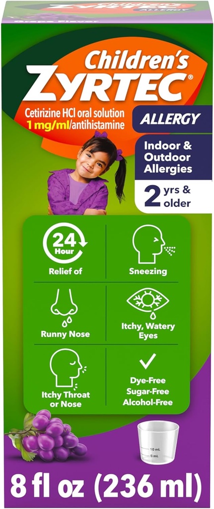 Çocuk Zyrtec 24 Saat Alerjisi Yardım Syrup, 5 mg Cetirizine, Antihistamin, Çocuklar Kapalı ve Açık Alerjiler Yardımı, Dye- & Sugar-Free, Grape, 8 fl. ozz oz