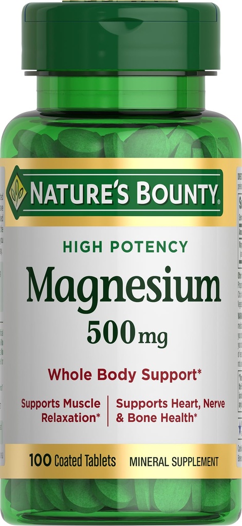 Nature's Bounty Magnezyum, Mineral Supplement, Supports Bone and Muscle Health, 500 mg, Cover Tabletler, 100 Count