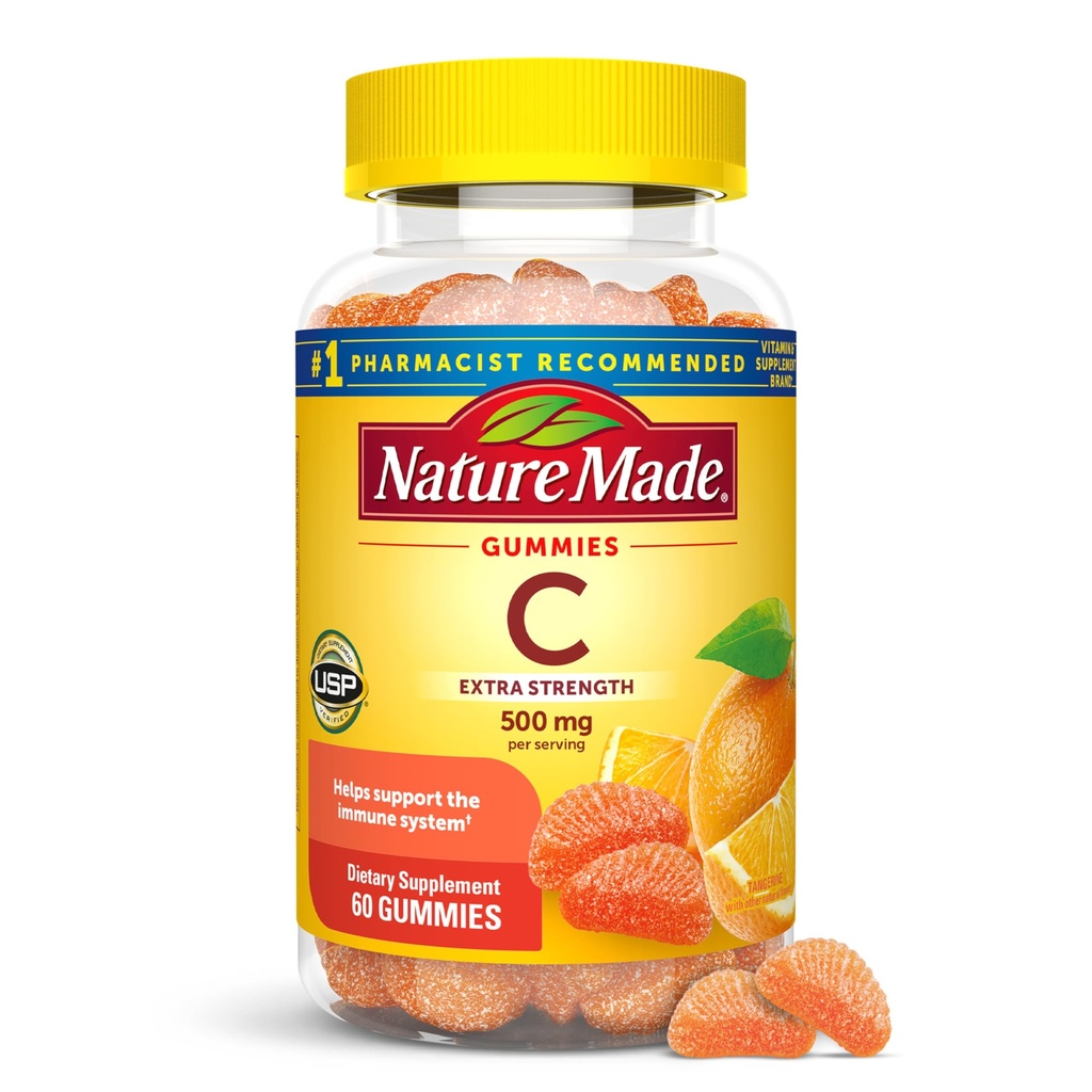 Nature Made Extra Strength Dosage Vitamin C 500 mg per serve, Diyetsel Supplement for Immune Support, 60 Gummies, 30 Day Supply